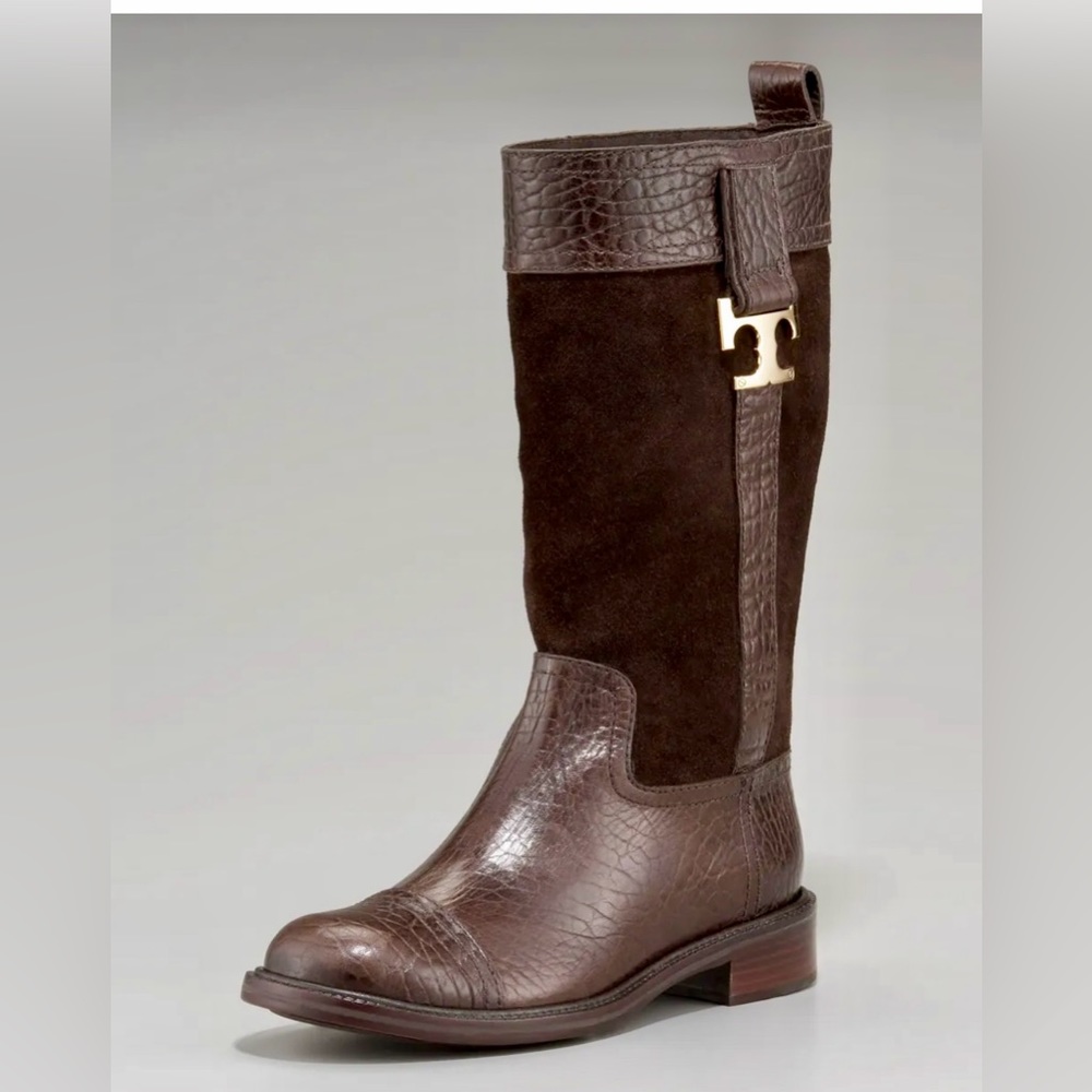 HOT Tory Burch Corey Brown Logo Suede & Textured Leather Mid-calf Boots $500+!